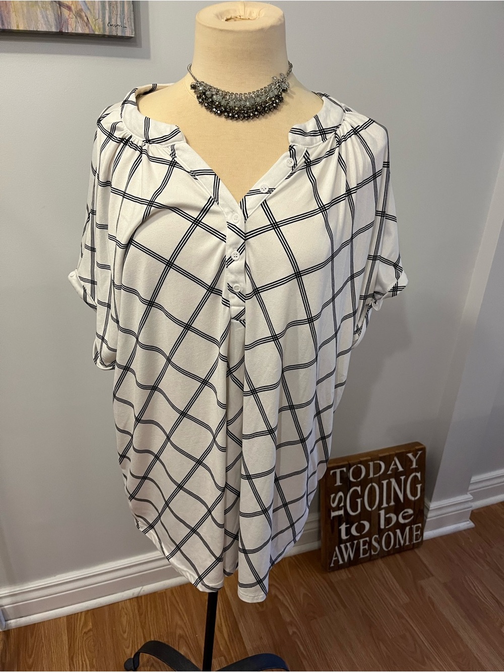 😍CLEARANCE 2 DYE 4 White Blouse with Black Windowpane Check 2X - Picture 2 of 9